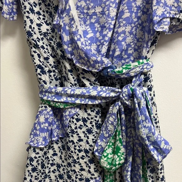 Tanya Taylor Blue and Green Silk Floral Wrap Mini Dress Flutter Sleeve 12 Med - Picture 4 of 11